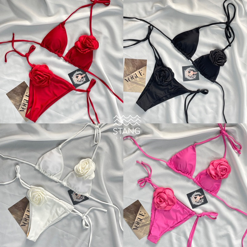 bikini บิกินี่ สามเหลี่ยม แต่งดอกไม้ ผูกอกผูกเอว ดำ/ขาว/แดง/ชมพู