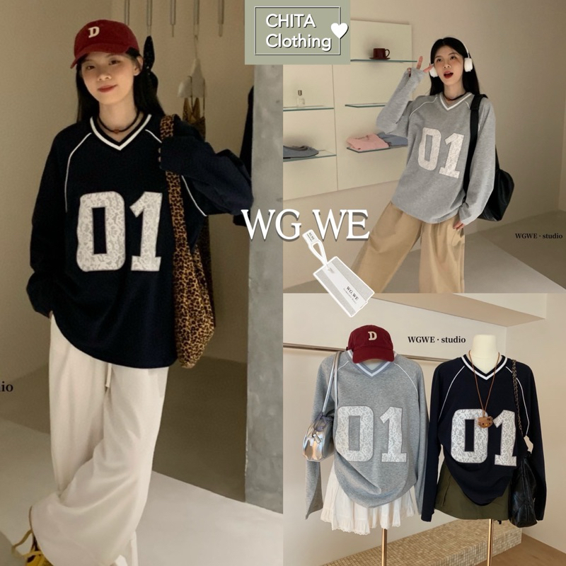 9967# เสื้อแขนยาวคอวี แต่งลาย ช่วงอก เนื้อผ้าดีงานสวย TAG:WG.WE