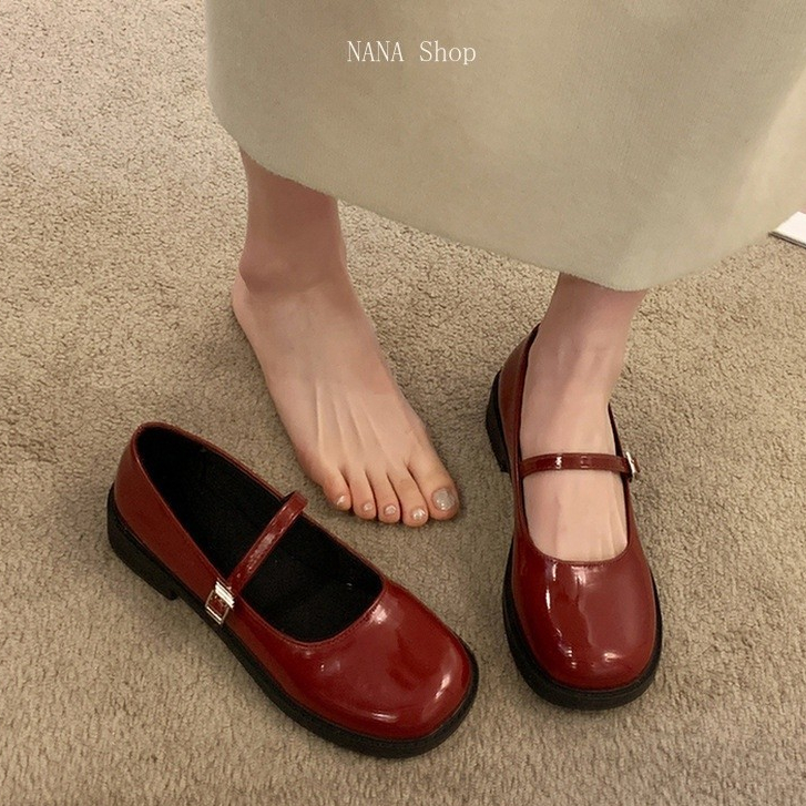 💗ส่งใน24ชม💗รองเท้าหนังแมรี่เจน สีแดง หัวกลม รองเท้าส้นเตี้ย รองเท้านักเรียนสไตล์เกาหลี