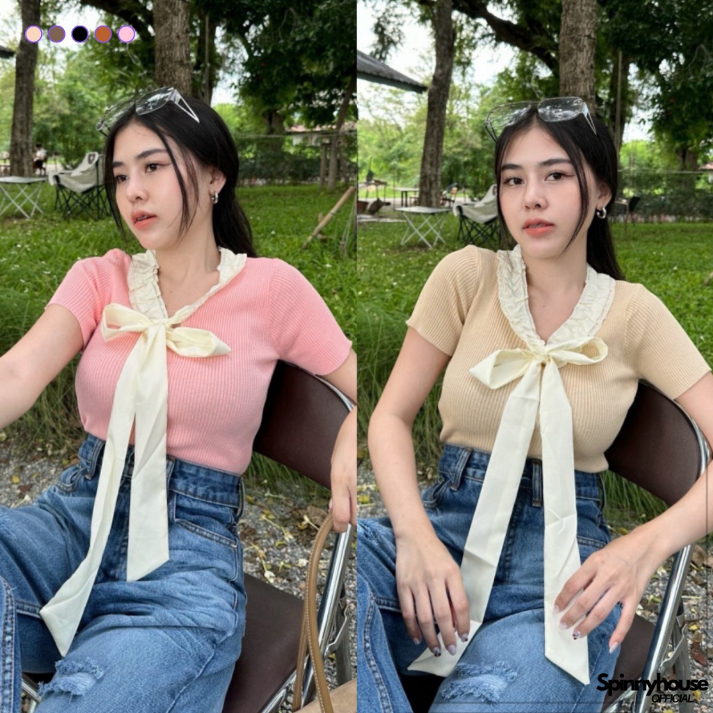 🌈SpinnyHouse🌈เสื้อยืดคอกลมแขนสั้น แต่งผูกโบว์เกร๋สุด ผ้าไหมพรม 💖 ยืดเยอะมากๆ สาวอวบใส่ได้จ้า งานสไตล์เกาหลี รุ่น คู่จิ้น