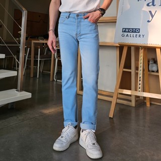 Golden Zebra Jeans กางเกงยีนส์ชายผ้ายืดทรงขากระบอกเล็กสีฟ้าซ…