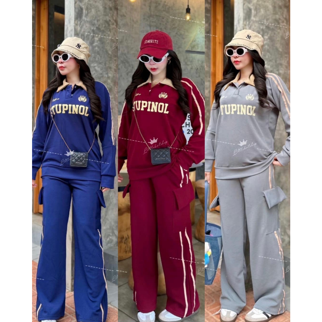 OT ชุดเซ็ต 2 ชิ้น ผ้าวอมวูลเวฟ เสื้อทรงสเวตเตอร์แขนยาวคอปกแต่งกระดุม มีแถบข้าง + กางเกงคาโก้ขายาวแต่