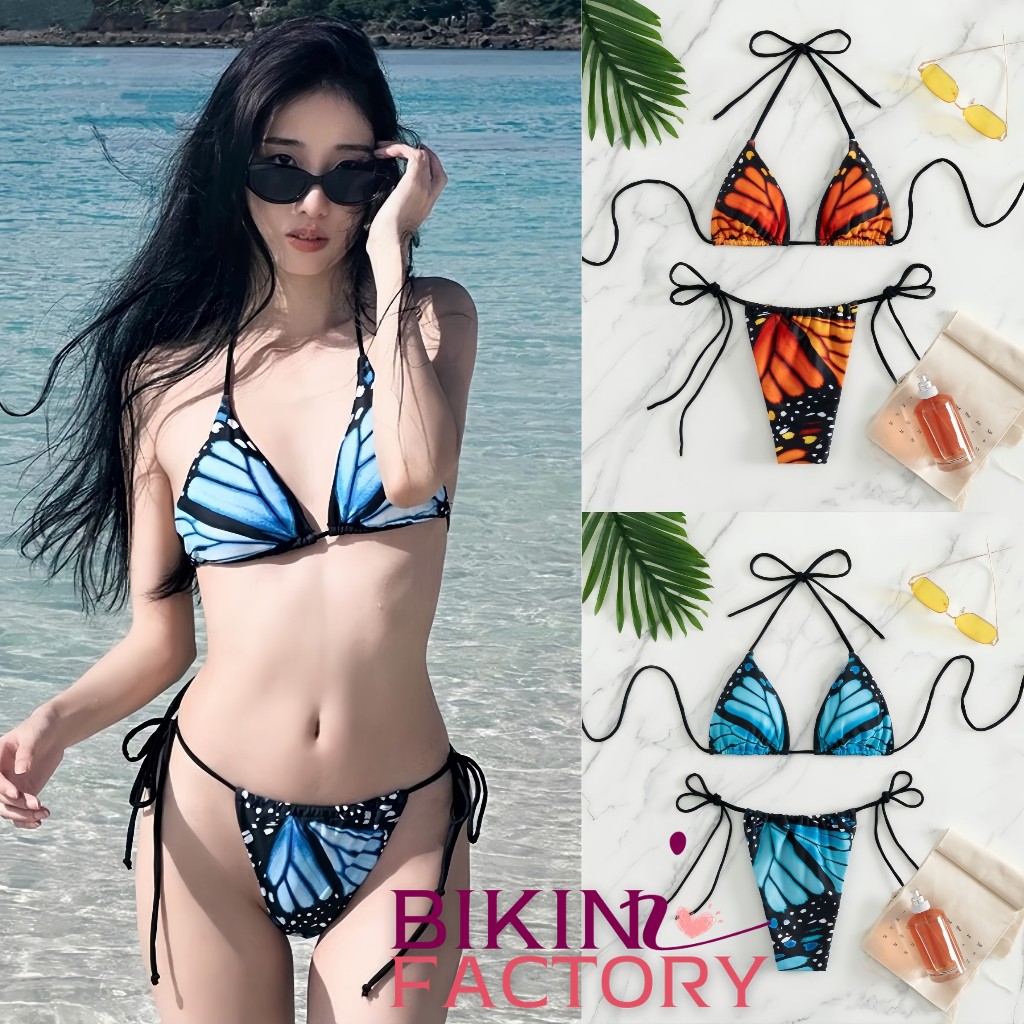 BIKINI FACTORY ชุดว่ายน้ำทูพีช ชุดว่ายน้ำแฟชั่น บิกินี่สไตล์แบบผูก ลายผีเสื้อน่ารัก มีฟองน้ำในตัว มี2สี 3ไซต์ BK-140