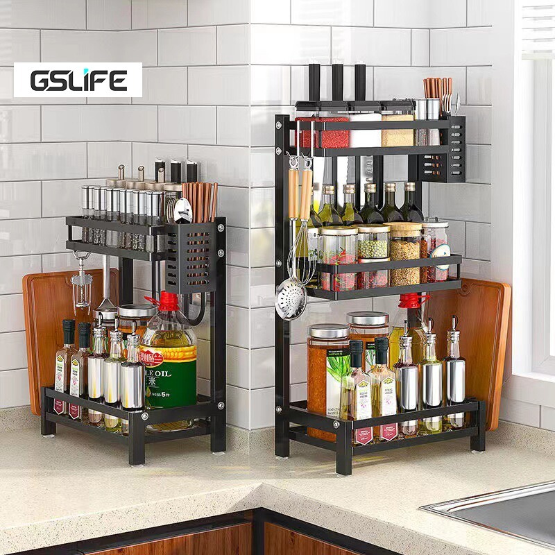 GSlife ชั้นเก็บของในครัว ที่วางเครื่องเทศสาม ชั้นวางของอเนกประสงค์ ชั้นวางอุปกรณ์ในห้องครัว
