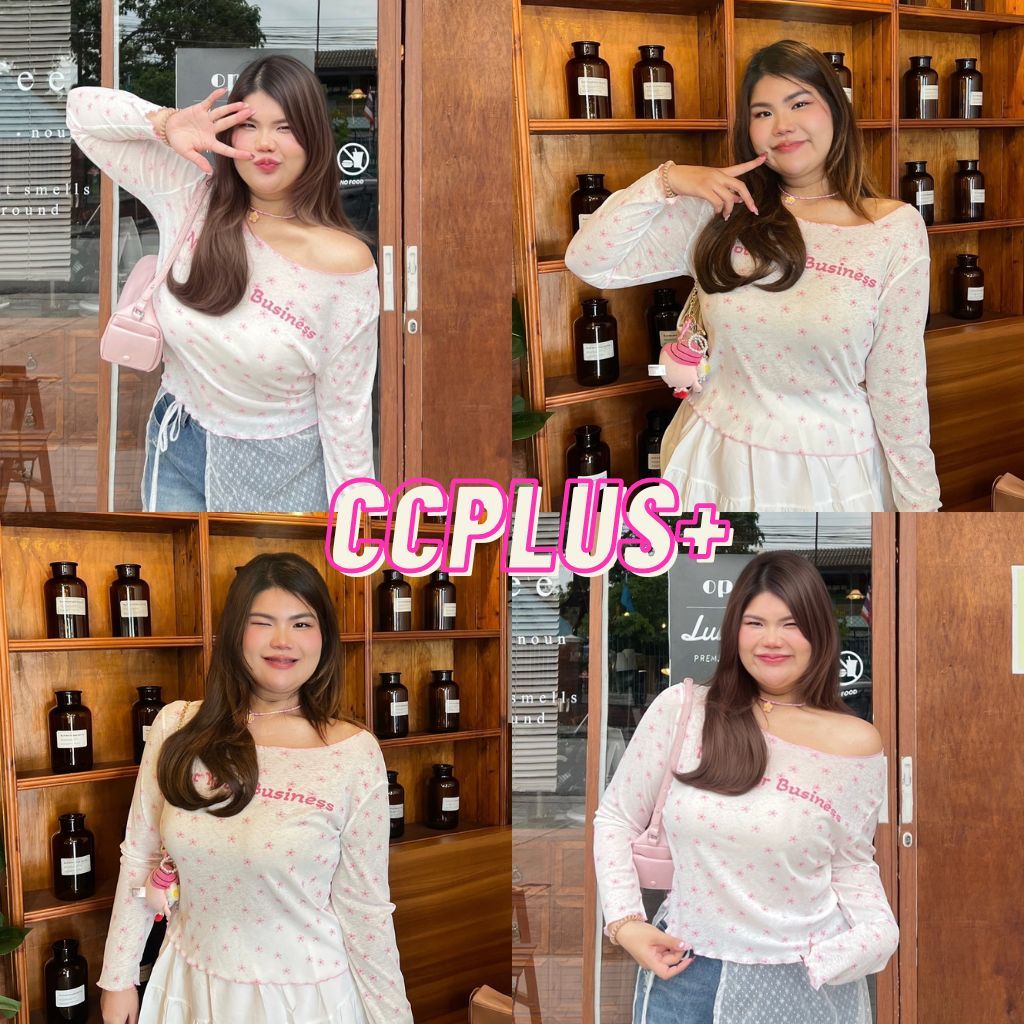 CiCi Plus+ (1367) เสื้อคอกว้างแขนยาว detail แต่งลายดอกไม้ทั้งตัวพร้อมสกรีน สไตล์เกาหลี เหมาะสำหรับสาวพลัสไซส์