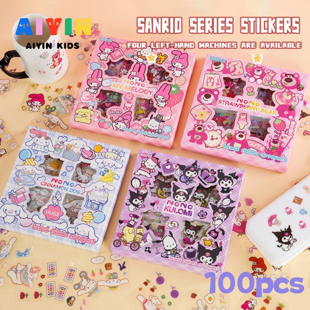 AIYIN สติ๊กเกอร์ 100แผ่นไม่ซ้ำลาย พร้อมกล่อง Sticker PVC น่ารักกันน้ำ สําหรับตกแต่ง สติ๊กเกอร์ไดคัท