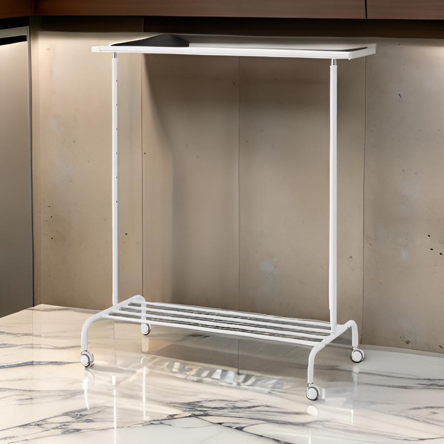 IKEA RIGGA ราวแขวนผ้า แบบตั้งพื้น มีล้อ ชั้นรองล่าง ปรับความสูงได้