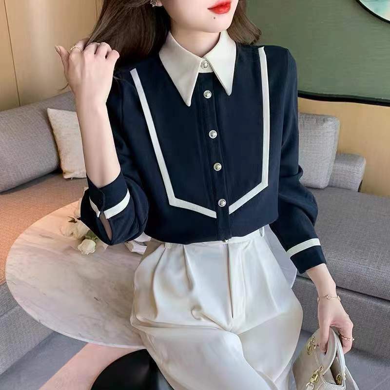 พร้อมส่ง เสื้อเชิ้ตทำงานสีขาวผ้าชีฟองแขนยาวกระดุมสองแถวสไตล์เกาหลีเสื้อเชิ้ตทรงหลวมผ่าหน้า
