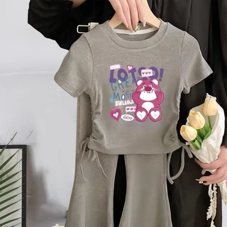 Beryl kids🌸ชุดเซ็ทเด็กผู้หญิงแฟชั่น🎀เสื้อแขนสั้นกางเกงขาม้า ขาบาน แบบบาง สองชิ้น กีฬา สไตล์เกาหลี ฤดูร้อน