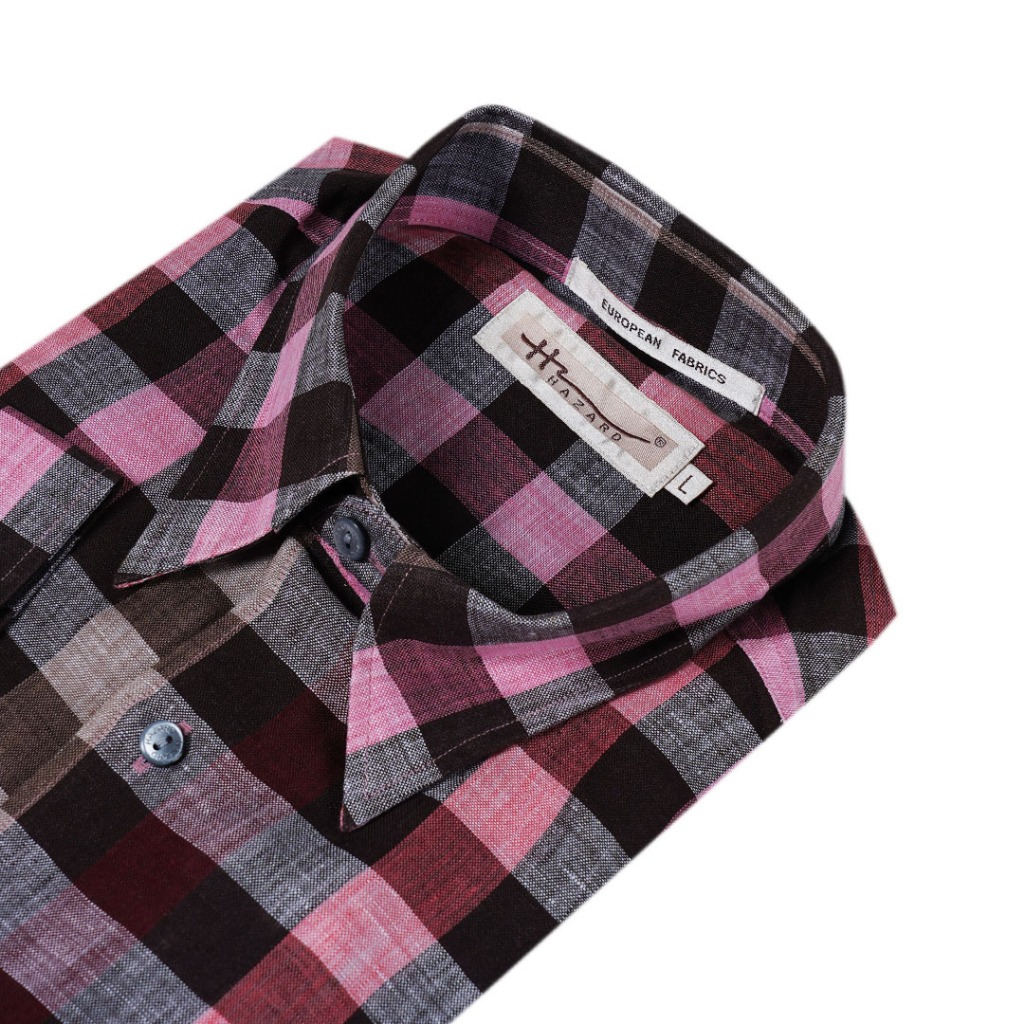 Hazard เสื้อเชิ้ตทำงานแขนยาวลายสก็อต Linen(ลินิน) สีชมพูเข้ม