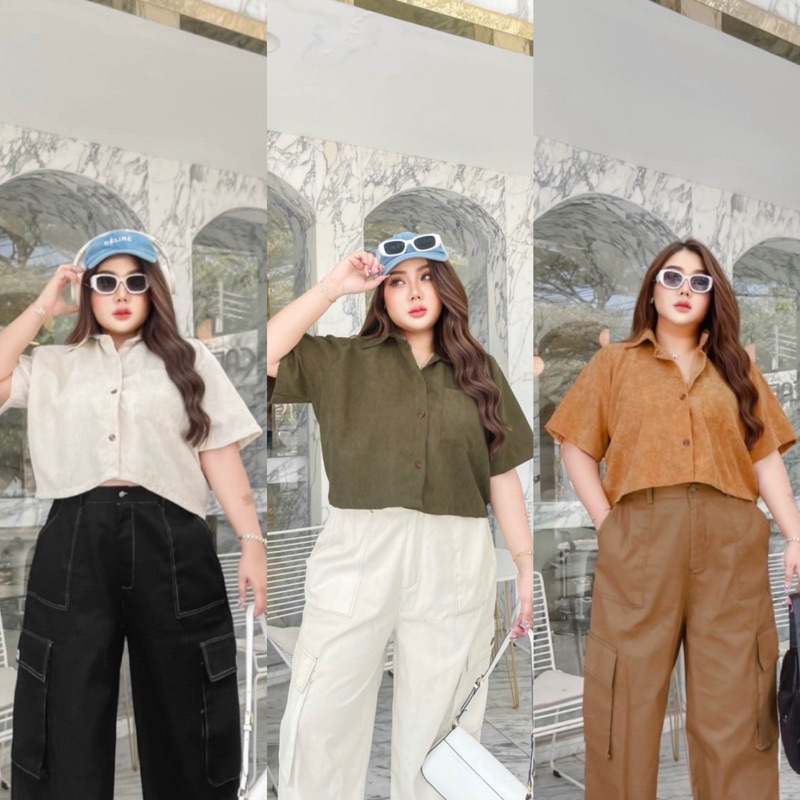 เสื้อครอปเชิ้ต สาวอวบ ผ้าลูกฟูก น่ารักๆสไตล์วินเทจ แต่งกระเป๋าหน้า สายแคมป์ปิ้ง เสื้อเชิ้ตแขนสั้น plussize