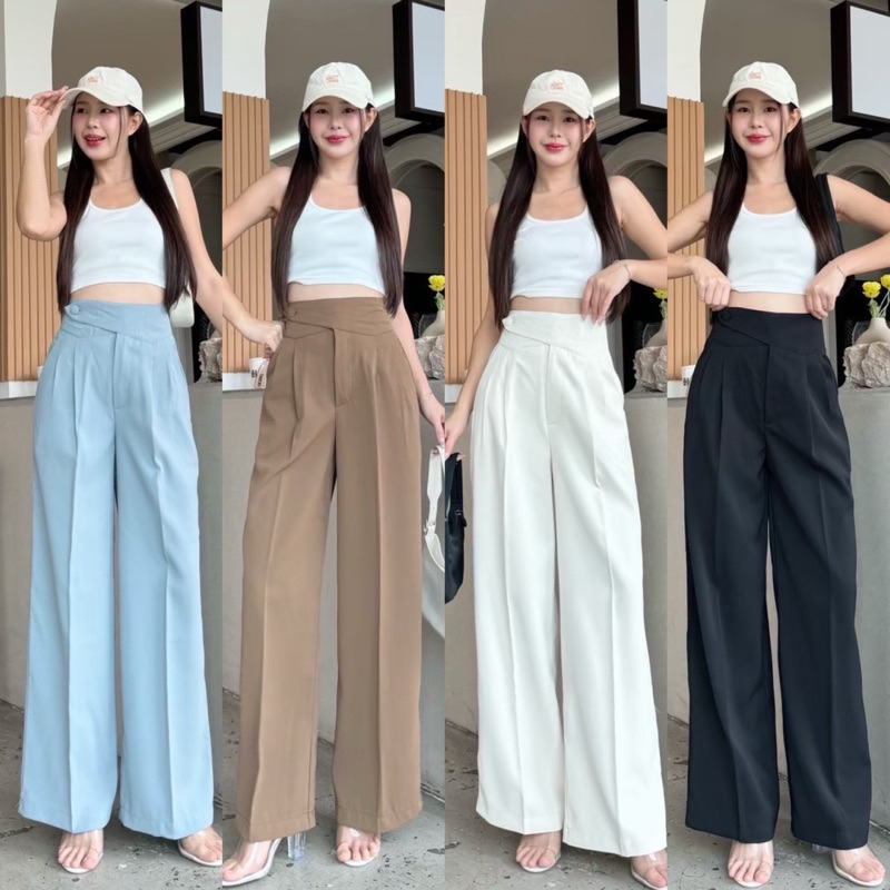 พร้อมส่ง ขากระบอกใหญ่ ดีเทลขอบกระดุมป้าย ผ้าลิลลี่พรีเมียร์ ทรงสวย ผ้าดีทิ้งตัวสวยมากจ้า🥣🎀✨