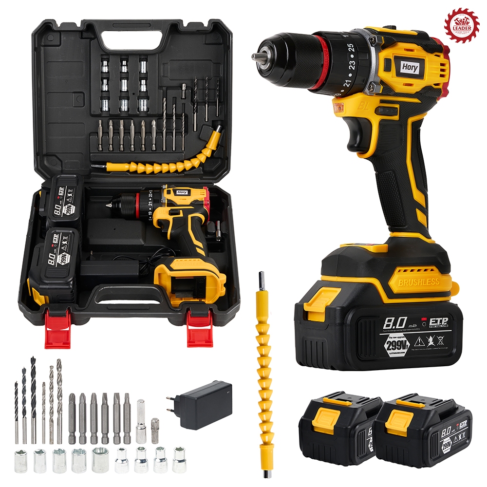 HORY สว่านไร้สาย 299V รุ่นใหม่ สว่าน 3 ระบบ แบตเตอรี่ใหญ่ 2 ก้อน มอเตอร์บัสเลส รวม 32ชิ้น รุ่น H3-มอเตอร์บัสเลส สีเหลือง