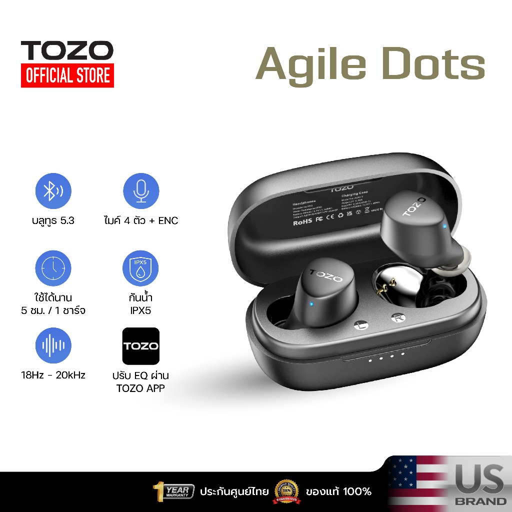[ประกันศูนย์ไทย] TOZO Agile Dots หูฟังบลูทูธ In-Ear IPX5 Bluetooth 5.3 หูฟังฟังบรูทูธ