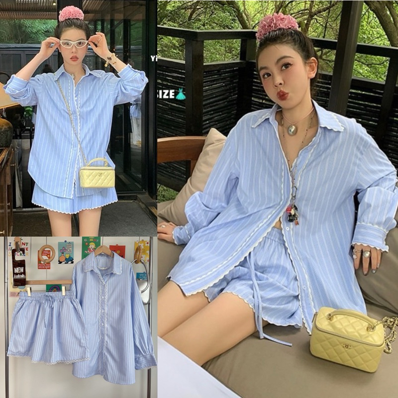 ✅เข้าเพิ่ม พร้อมส่งค่า /YY/ชุดเซ็ตสาวอวบ ลายริ้ว แต่งลูกไม้ น่ารักมาก #เสื้อผ้าไซส์ใหญ่ สาว อ้วน พลัสไซส์