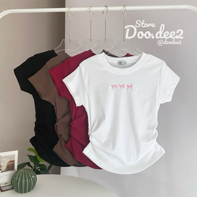 ♦️DOODEE2♦️เสื้อคอกลมย่นข้าง ปักโบว์ 3 อัน ผ้ายูนิโคล่