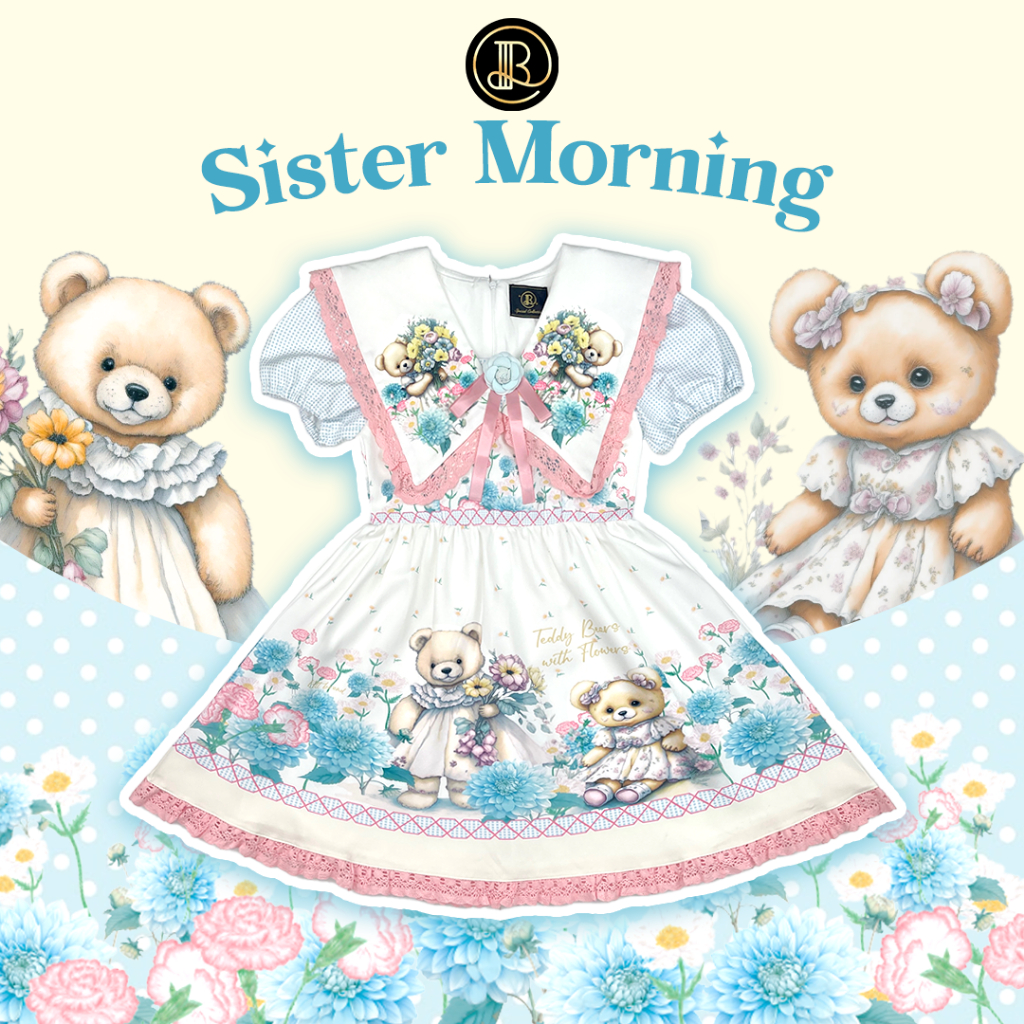 SP932 BLT SPECIAL COLLECTION มินิเดรสลายน้องหมีปกแหลมแต่งลูกไม้ชมพู ใส่เที่ยวคาเฟ่