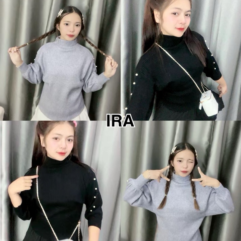 BY IRA เสื้อไหมพรมแขนยาว คอเต่า แต่งมุกที่แขน งานไหมพรม งานถัก