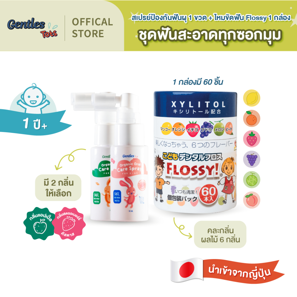 Gentles-tots ชุดฟันสะอาดทุกซอกมุม (สเปรย์ป้อกันฟันผุ Gentles tots เเละ ไหมขัดฟัน Flossy)