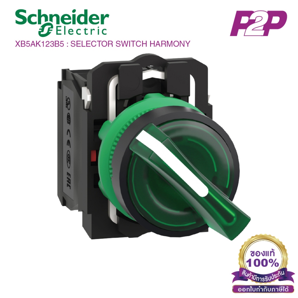 XB5AK123B5 : สวิตซ์ซีเลคเตอร์มีไฟ 2 POS แบบค้าง Ø22mm พลาสติก สีเขียว 24VAC/DC 1NO+1NC - Schneider E