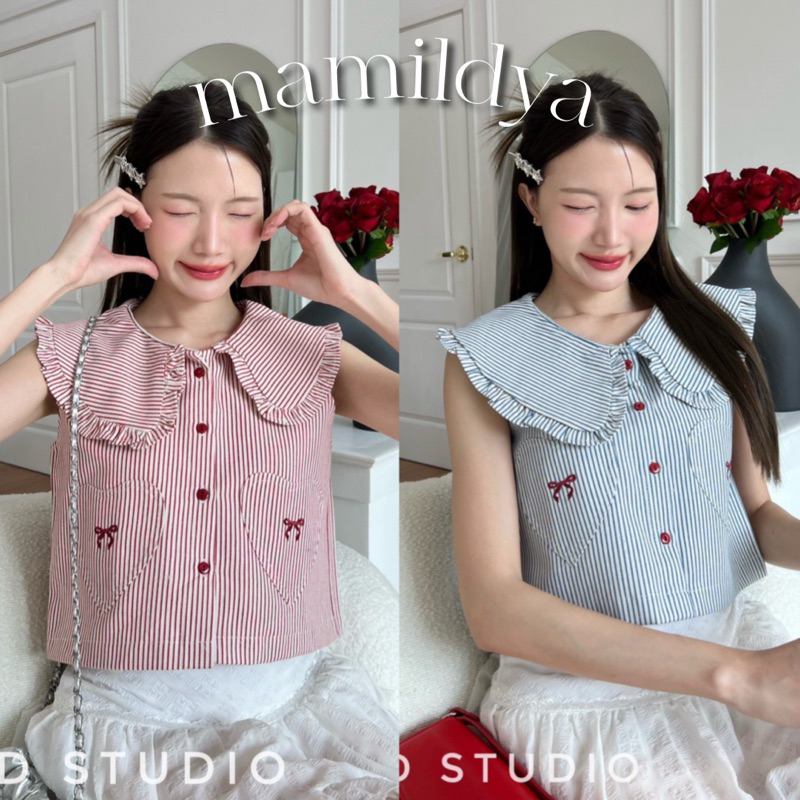 Mamildya.shop เสื้อแขนกุดกระดุมหน้าใช้งานได้จริง ผ้ายีนส์อย่างดี/O2-1 /PROD-บัวแดง
