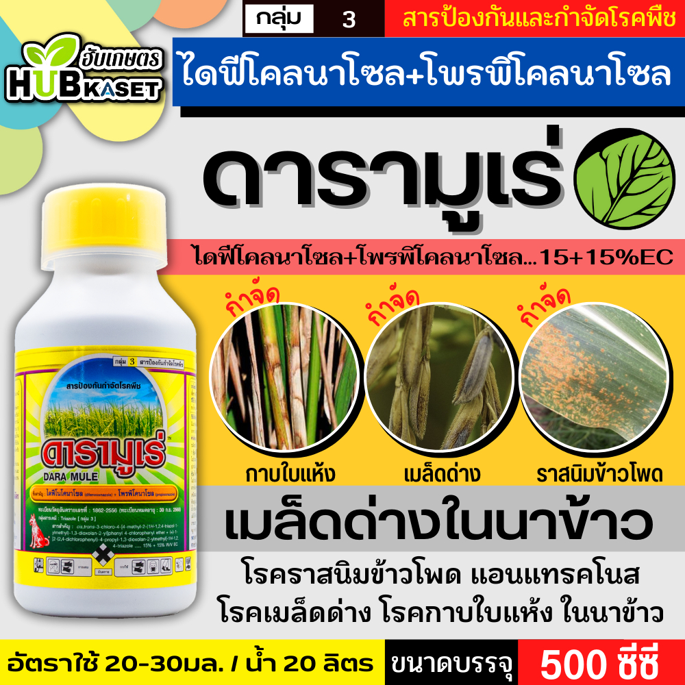 ดารามูเร่ 500ซีซี (ไดฟีโนโคนาโซล+โพรพิโคนาโซล) ป้องกันเชื้อรา เมล็ดด่างกาบใบแห้งในข้าว