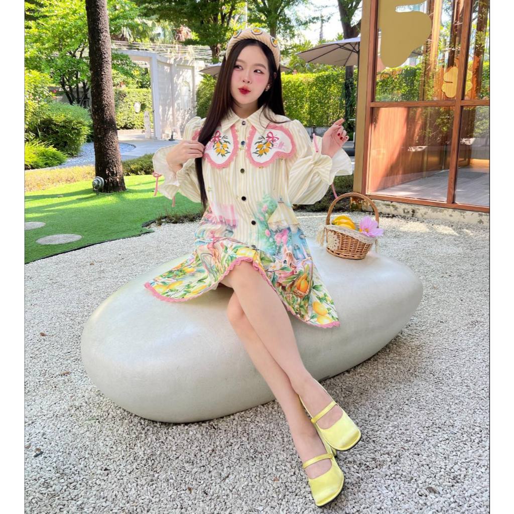 BS08 BLT SPECIAL COLLECTION มินิเดรสทรงปล่อยลายเลม่อนแต่งลูกไม้ชมพู ใส่เที่ยวคาเฟ่ชิลๆ