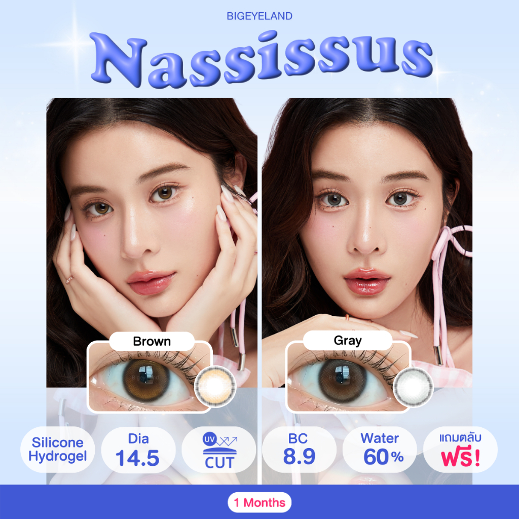 รุ่นเก้า เลนส์ไฮโดรเจล คอนแทคเลนส์ Nassissus Brown / Gray (Mayalens) ขนาดมินิ ค่าอมน้ำสูง คล้าย Double Tint Olens