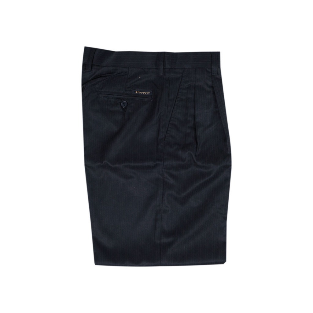 Hazard กางเกงทำงานขายาวลายทางมีจีบ ผ้า Linen(ลินิน) สีดำ