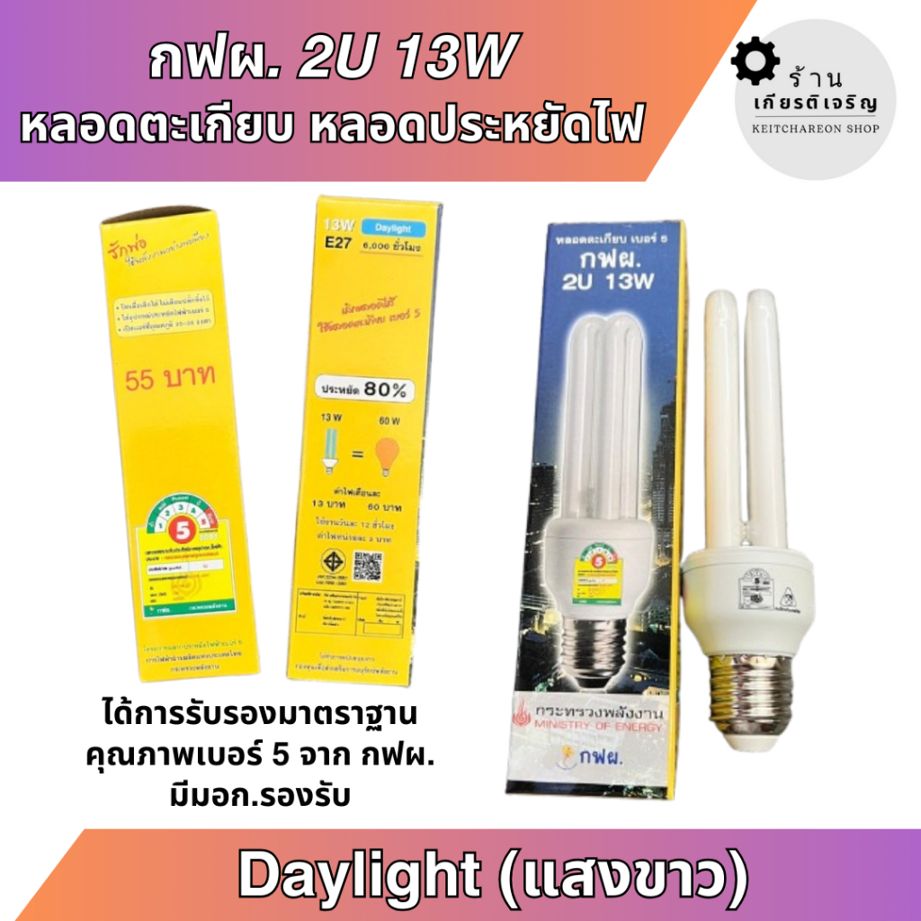 หลอดตะเกียบ หลอดประหยัดไฟ กฟผ.การไฟฟ้า 2U 13W แสง Daylight