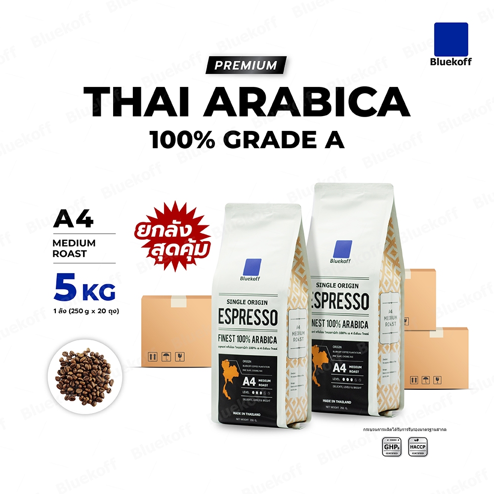 Bluekoff A4 Medium Roast เมล็ดกาแฟไทย อราบิก้า 100% Premium เกรด A ยกลัง 5 กิโลกรัม (250 กรัม x 20 ถ