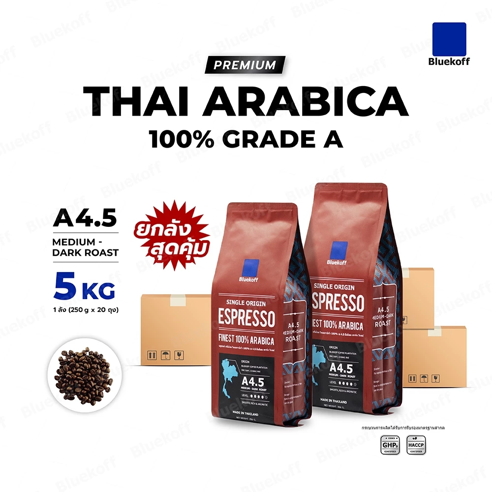Bluekoff A4.5 Medium-Dark Roast เมล็ดกาแฟไทย อราบิก้า 100% Premium เกรด A ยกลัง 5 กิโลกรัม (250 กรัม x 20 ถุง)