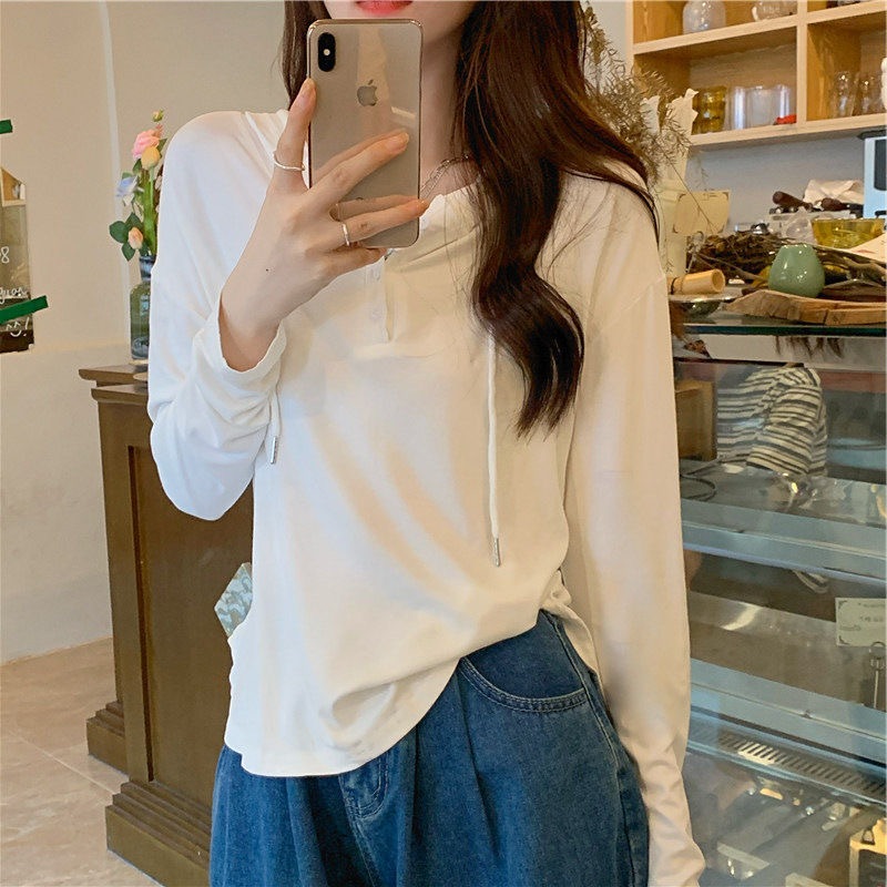 Coco~เสื้อฮู้ด แขนยาว สีทึบ ปุ่มกด สไตล์เรียบง่าย เวอร์ชั่นเกาหลี