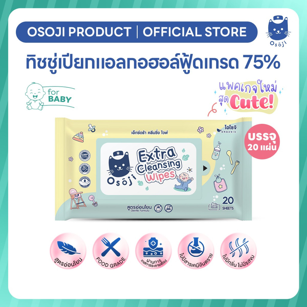 ทิชชู่แอลกอฮอล์ฟู้ดเกรด75% บรรจุ 20 แผ่น (สำหรับเด็ก)