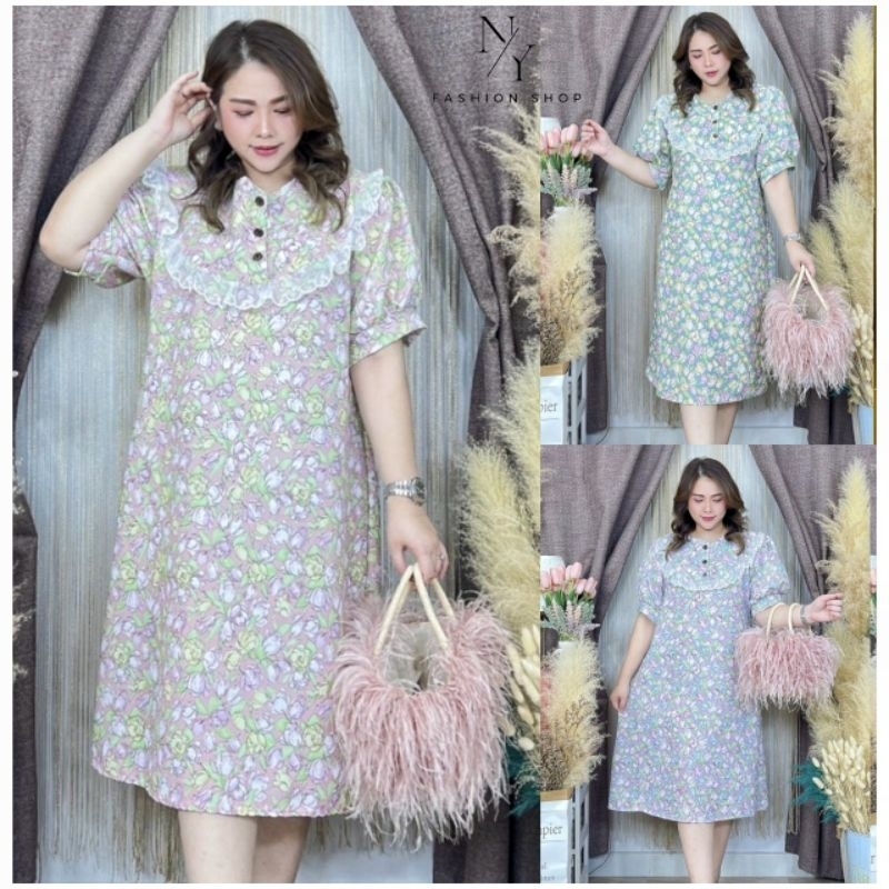 พร้อมส่ง.เดรสคอกลมแต่งลูกไม้แขนตุ๊กตา สาวอวบลายลูกไม้ Free size: 32 - 44 นิ้ว.เป็นผ้าบั๊บเบิ้ล.