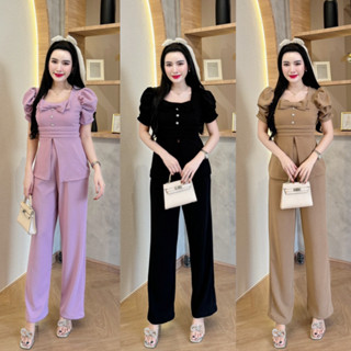 ชุดเซตผ้าวูลเวฟ เสื้อทรงยาวแขนจีบย่นแต่งกระดุมเพชรโบว์หน้าผ่…