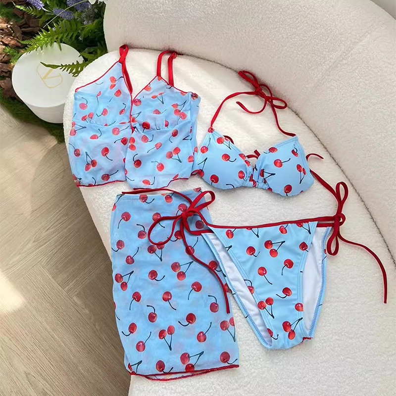 🍒Cherry Bikini🍒ชุดบิกินี่ เซต4ชิ้น blue ชุดว่ายน้ำแฟชั่น ผูกเอว เอวสูง ชายหาด#0372