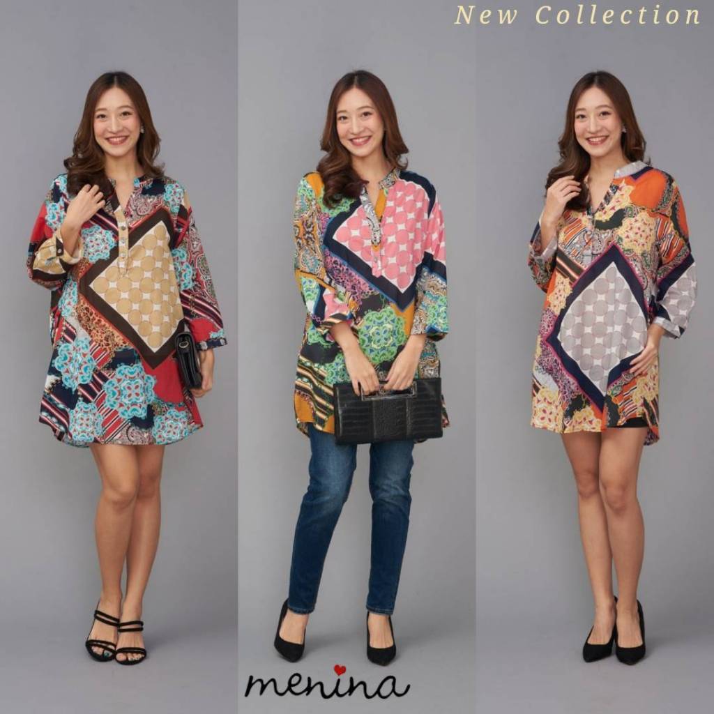 Menina - 904 เดรสคอจีนลายกราฟฟิค ผ้าคอตตอนเนื้อดี เกรดพรีเมี่ยม ใส่สบาย