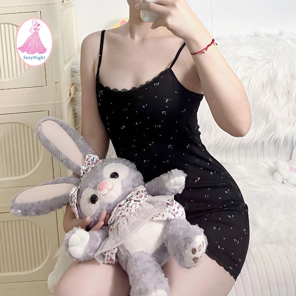 SexyNight ชุดนอนผู้หญิง ชุดอยู่บ้าน สีดำ การพิมพ์ แน่น ราคาถูก พร้อมส่งจากไทย