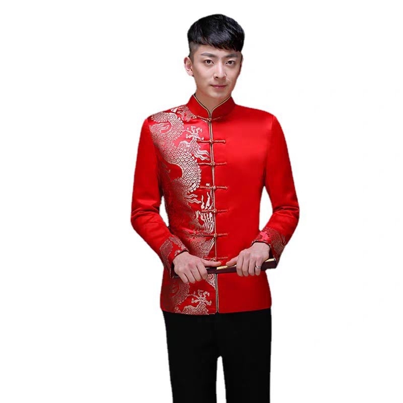 เสื้อฮ่องเต้ ฉลุดิ้นทองลายมังกร แขนยาวขอบทอง ผ้าหางกระรอก อย่างดี เนื้อหนามีผ้าซับใน