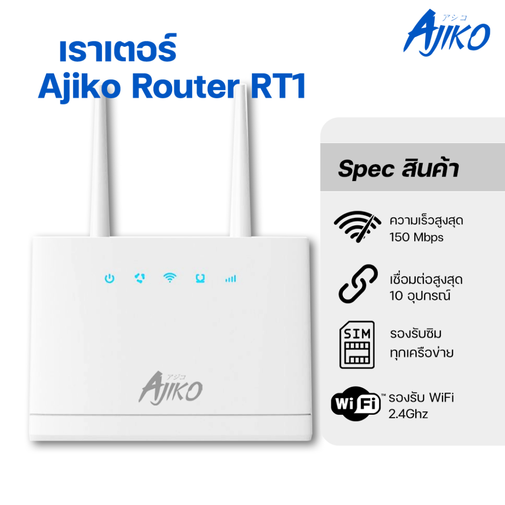 AJIKO RT1 เราเตอร์ใส่ซิม 4G 5G ตัวปล่อยสัญญาณWiFi 150Mbps รองรับซิมทุกเครือข่าย ซิมเทพ เสียบใช้เลย