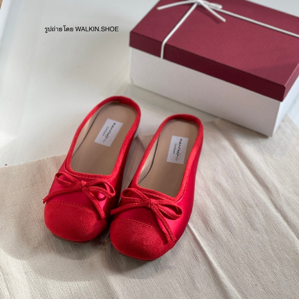(พร้อมส่งจากไทย) รองเท้าเปิดส้นมีโบว์ สีแดง รุ่น JANE