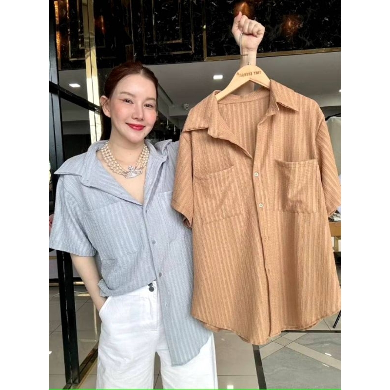 เสื้อเชิ้ตแขนสั้นสไตล์เกาหลีแต่งกระเป๋าคู่ด้านหน้า