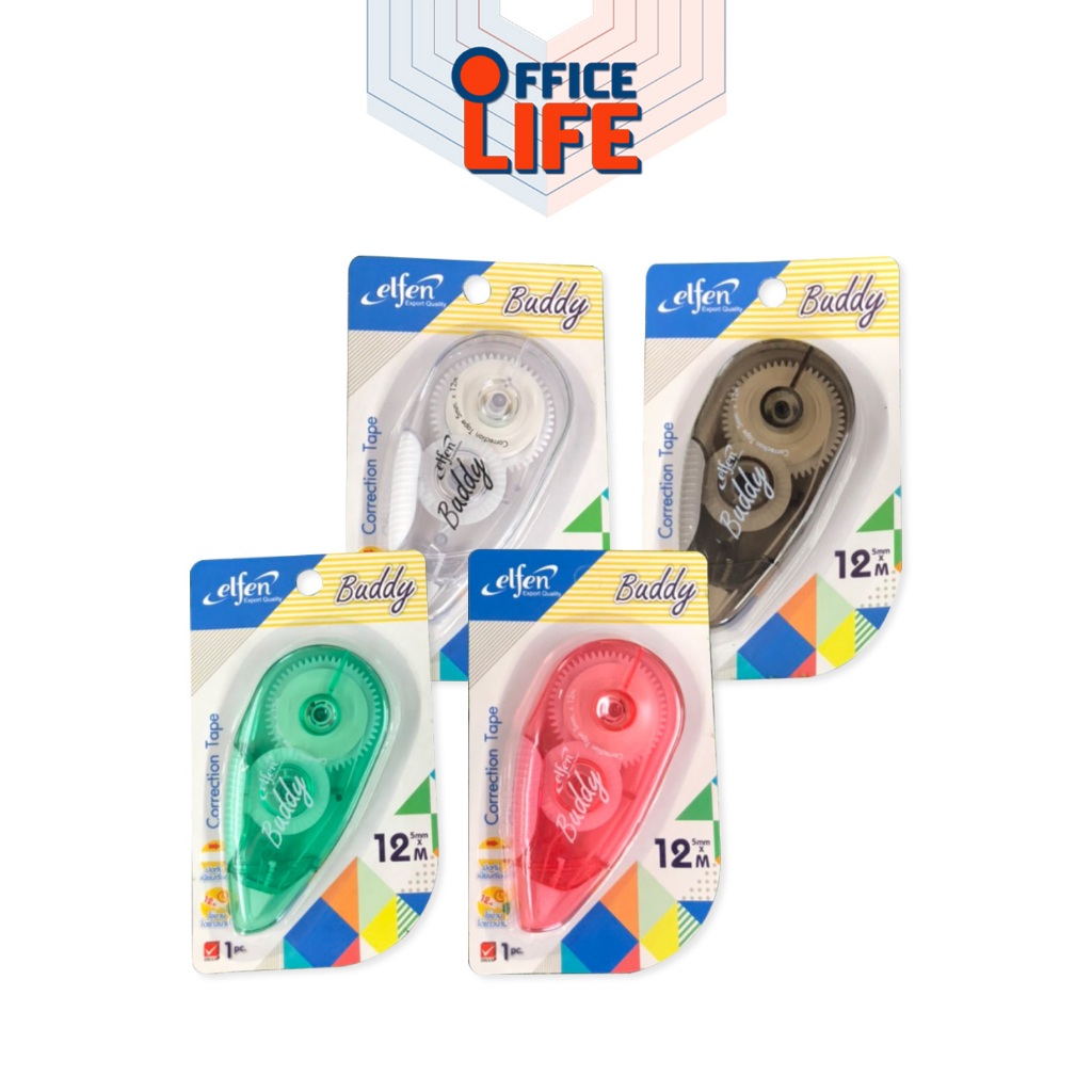 Elfen (เอลเฟ่น) เทปลบคำผิด รุ่นบัดดี้ Buddy ความยาว 12m ( 1 ชิ้น / คละสี )