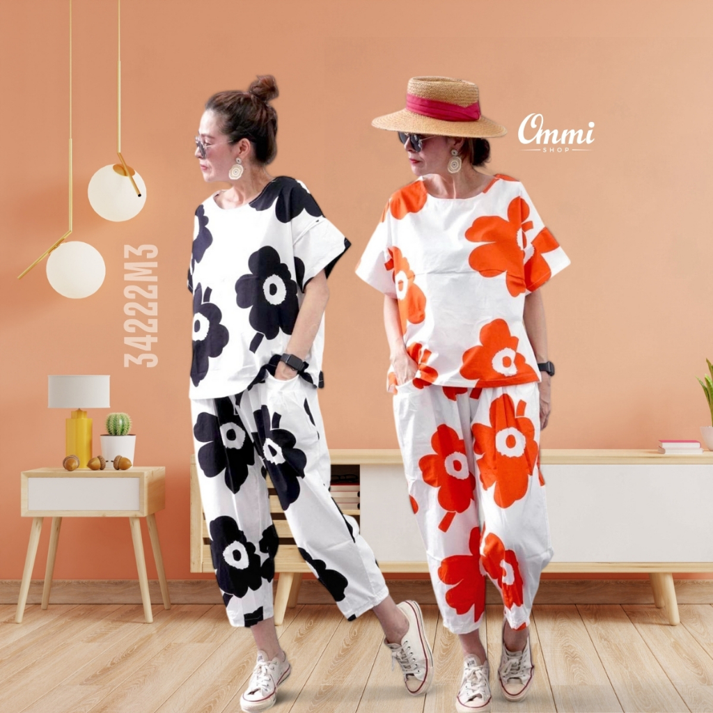 Ommishop 34222M3 ชุดเซ็ทเสื้อคอกลม กางเกงขาจีบ ลายดอก Mari มารีเมกโกะ ผ้า Cotton Japan 100% (Bonus)