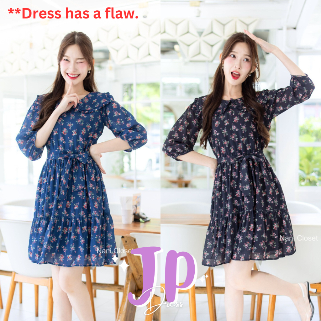 JP Dress **ชุดมีตำหนิ เดรสทำงาน ไม่ต้องรีด คอปกแต่งระบาย กระโปรงตัดต่อ ใส่สบาย ซิปข้าง ซับในทั้งชุด