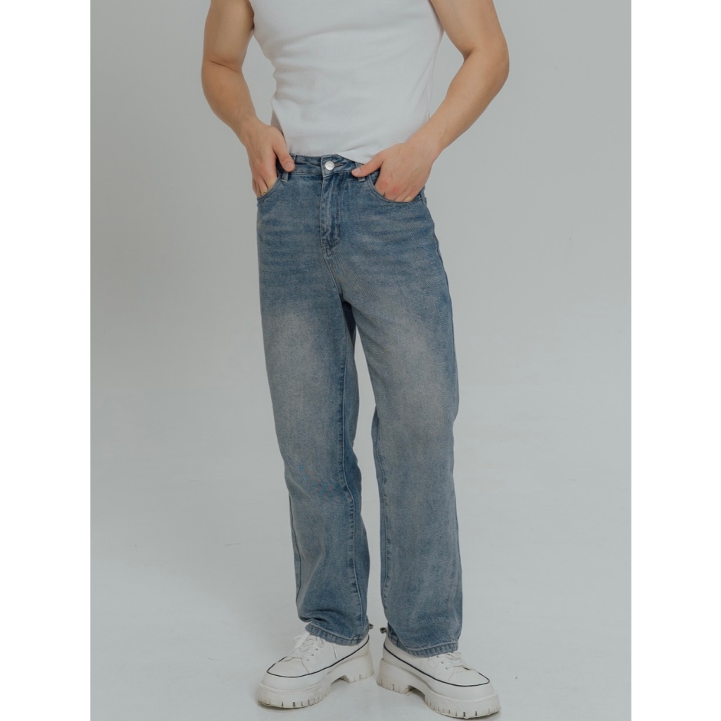 KINS | ยีนส์ทรงกระบอก Straight jeans สีฟอก Size S - 3XL กางเกงยีนส์ กางเกงยีนส์ผู้ชาย (รหัส : F001)