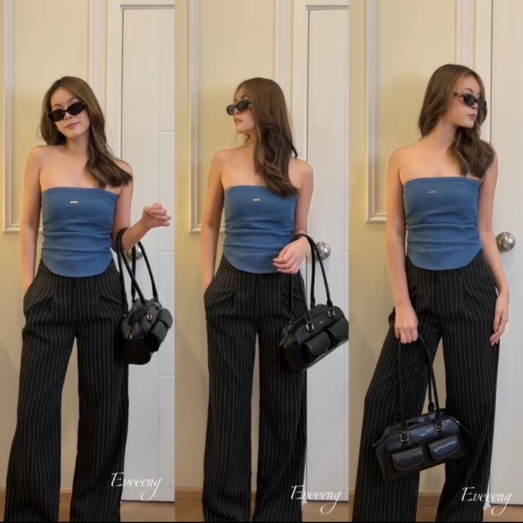 A026 Jessie Pants กางเกงลายริ้ว ดีเทลเนื้อผ้าก้างปลา ทรงกระบอกใหญ่ เก็บพุง เก็บสะโพก