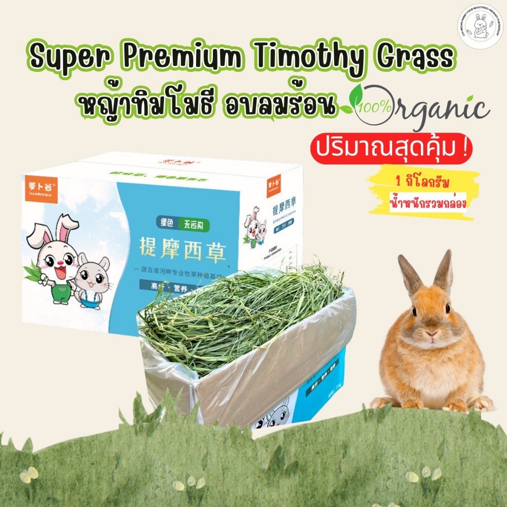 CHA Brown Rabbit Food หญ้ากระต่าย หญ้าทิโมธีอบลมร้อน Super Premium Timothy 1Kg.หญ้าทิมโมธี(กล่องฟ้า)