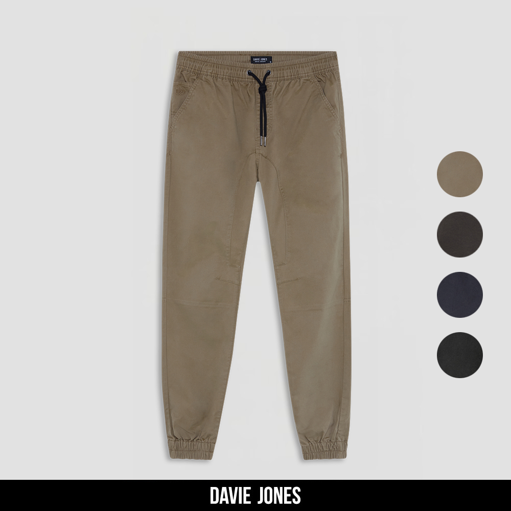 DAVIE JONES กางเกงจ็อกเกอร์ เอวยางยืด Elastic Waist Joggers PL0013 สีกากี เทา กรม ดำ